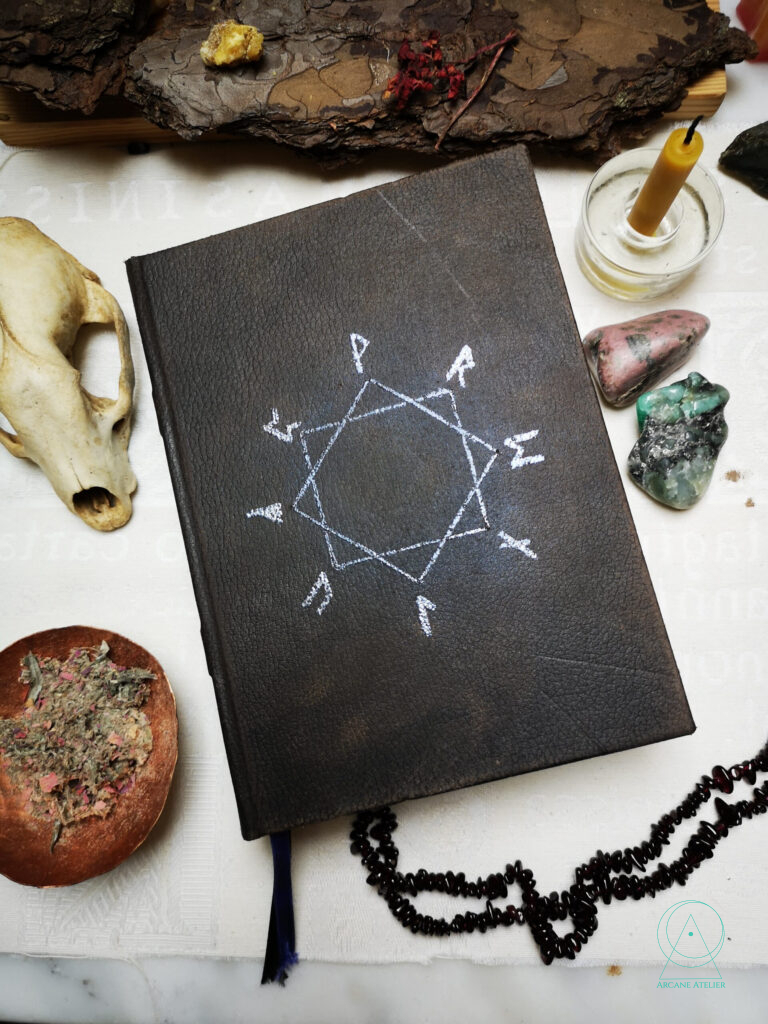 Brown aged-leather journal with four interlocking corner ornaments forming an eight-pointed star and a silver rune circle.