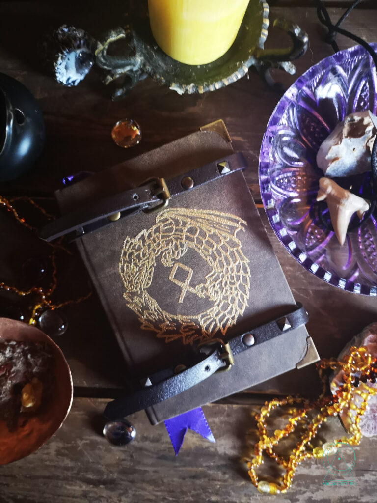 Small A6 brown leather journal featuring a baby dragon biting its tail and a central runic symbol.