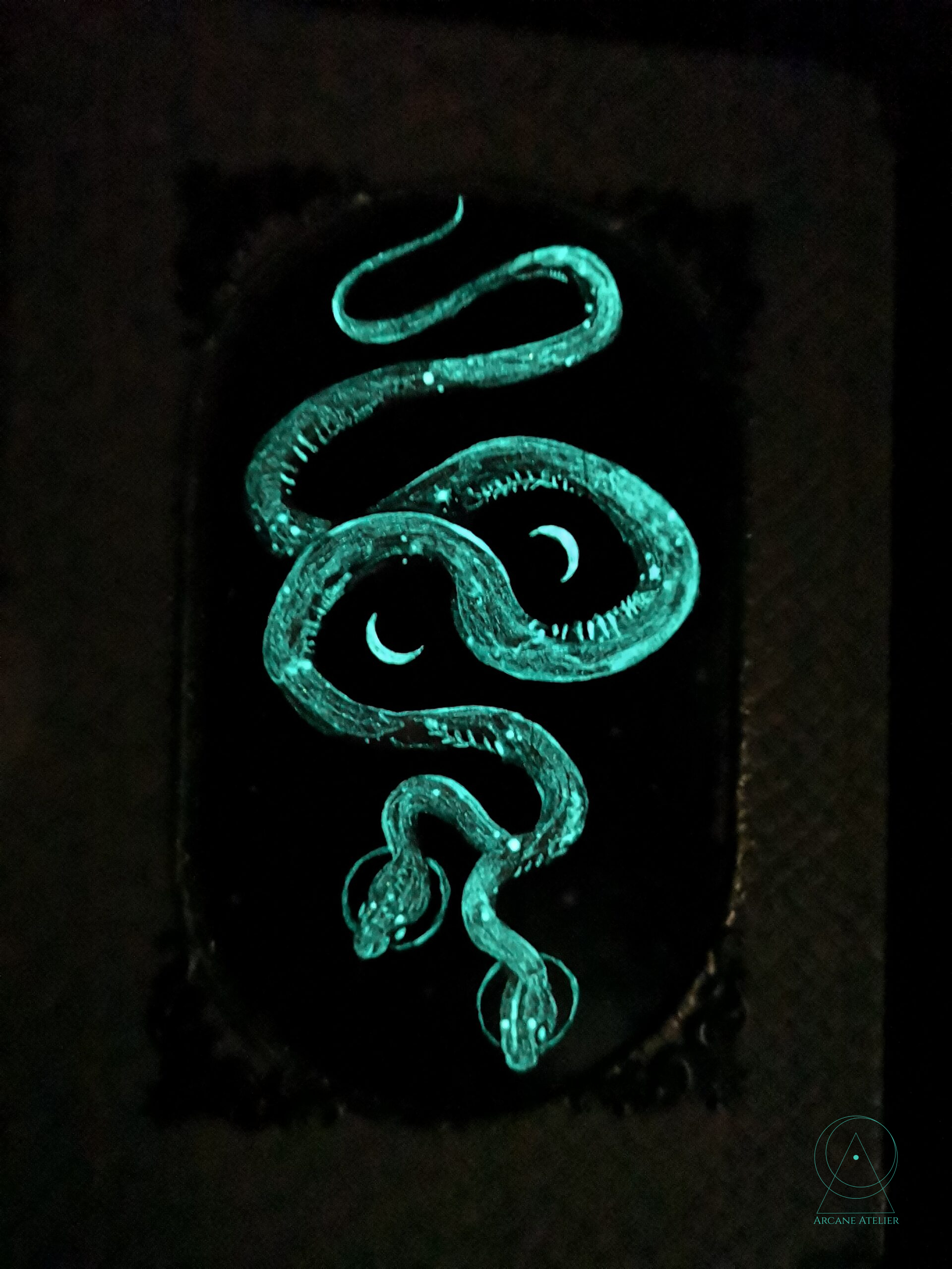 Night shot of the Serpent Skin Journal showing the softly glowing snake artwork.