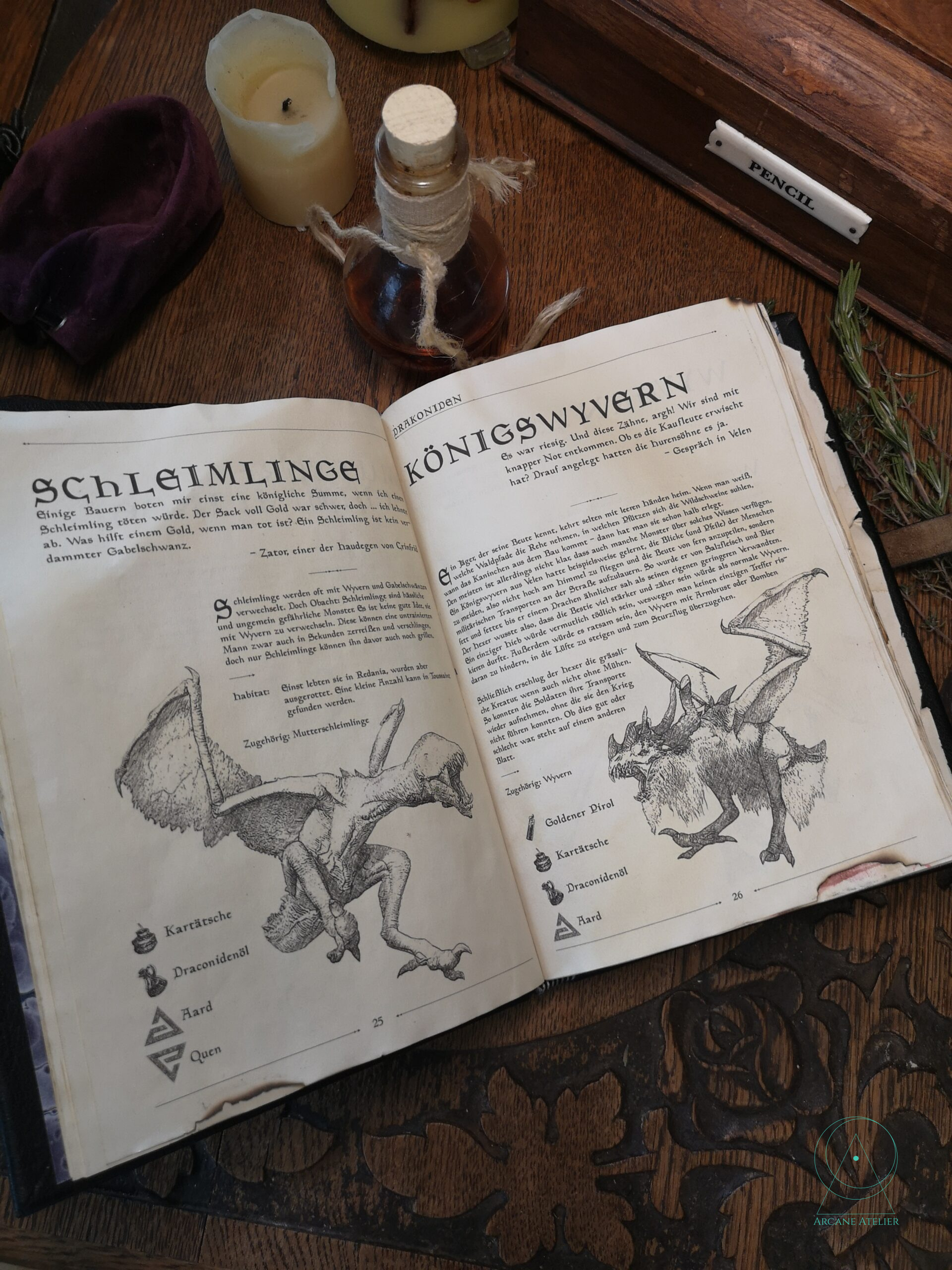 Open Witcher Bestiarium showing illustrated monster entries on aged, coffee-tinted pages with lightly burned edges.